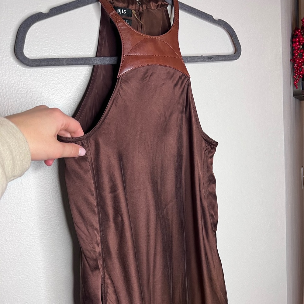 100% Brown Silk and Leather Asymmetrical Tank from 9|15